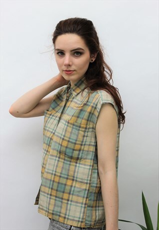 VINTAGE 1990S JAEGER YELLOW & GREEN CHECK SLEEVELESS SHIRT