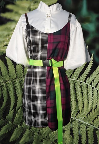 90S GRUNGE SLIP DRESS WITH CONTRAST TARTAN CHECK PANELS
