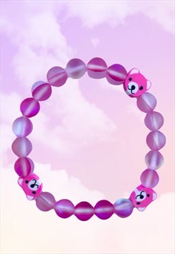 Cute Bears - Pink Synthetic Moonstone Glass Beaded Bracelet