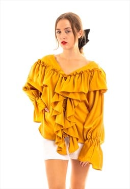 Front Frill detail long sleeves blouse top in mustard yellow