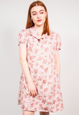 VINTAGE 70'S PINK FLORAL PATTERN SHORT SLEEVE MINI DRESS