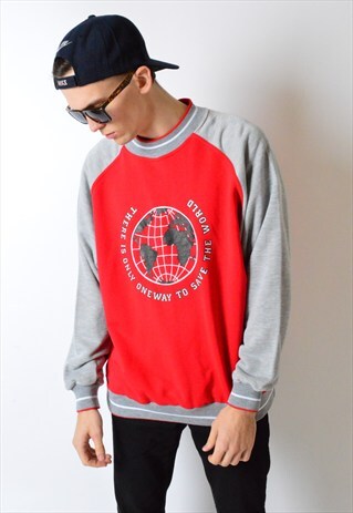 VINTAGE 90S RED GREY COLOUR BLOCK SWEATSHIRT JUMPER