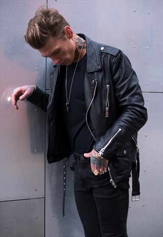BIKER ZIP SMART REAL LEATHER JACKET COAT WITH BELT - BLACK