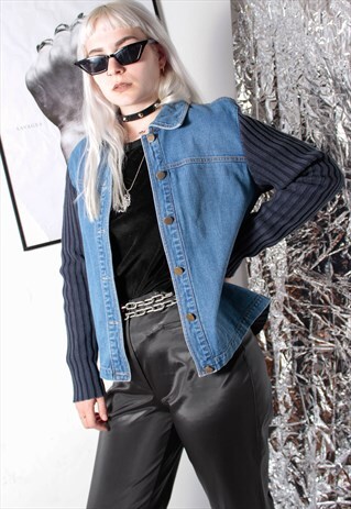 90S GRUNGE Y2K BLUE NAVY DENIM RIBBED KNIT CARDIGAN JACKET