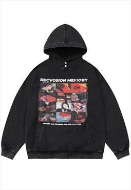Psychedelic hoodie raver pullover vintage wash top in black