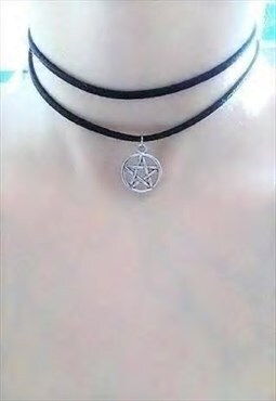 black wrap choker - silver pentagram choker