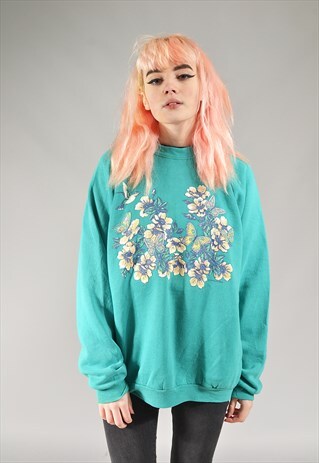 VINTAGE TURQUOISE PRINTED FLORAL SWEATER
