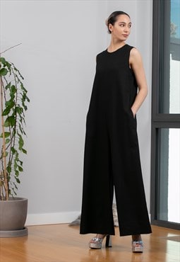 Black Linen Loose Fit Jumpsuit with Pockets