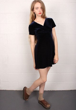 ADORABLE 90'S DEEP BLUE LA BELLE VELVET MINI DRESS