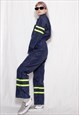 90S VINTAGE Y2K WORKWEAR NAVY NYLON NEON ALL IN ONE OVERALL