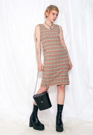 Vintage Knitted Dress 90s Striped Beige Designer Midi