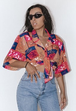 90s Vibrant Floral Patchwork Button Up Vintage Shirt Blouse