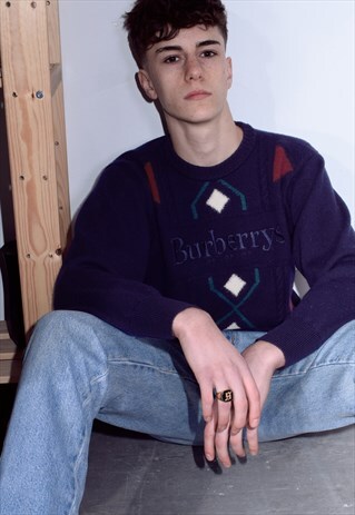 RARE VINTAGE BURBERRY'S NAVY, GREEN AND RED KNITTED JUMPER