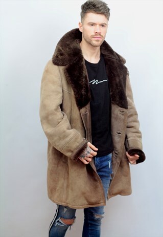 1970'S VINTAGE LONG LENGTH SHEEPSKIN SHEARLING COAT IN BROWN