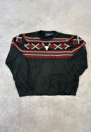 VINTAGE KNITTED JUMPER ABSTRACT PATTERNED GRANDAD SWEATER