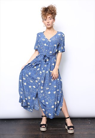 VINTAGE 90S BLUE FLORAL MIDI BUTTON DRESS