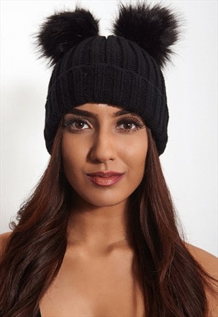 DOUBLE POM POM BLACK BEANIE HAT