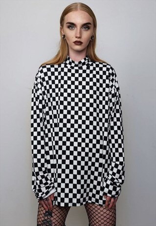Check print turtleneck sweatshirt thin chequerboard top