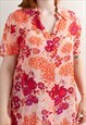 VINTAGE PURPLE&ORANGE FLORAL PROLONGED SHORT SLEEVE BLOUSE