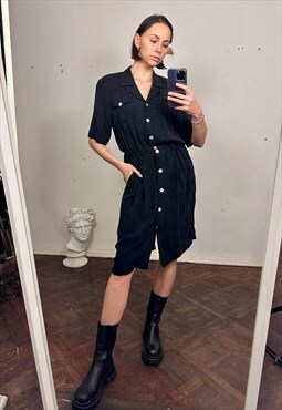 Black button up midi dress, Half sleeve button front dress