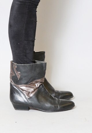 VINTAGE 1980'S BLACK LEATHER METALLIC ANKLE BOOTS
