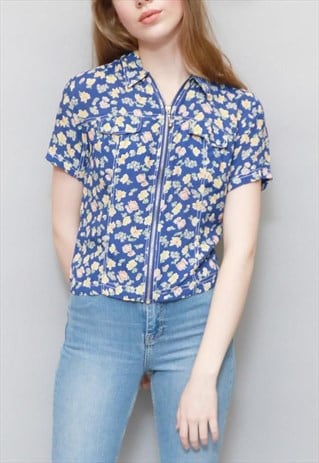 VINTAGE 1990'S BLUE FLORAL ZIP UP SHIRT