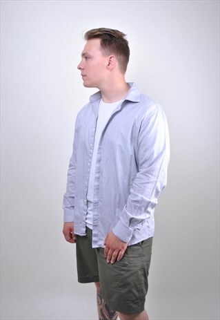 90S CASUAL BLUE DKNY LONG SLEEVE SHIRT, SIZE L