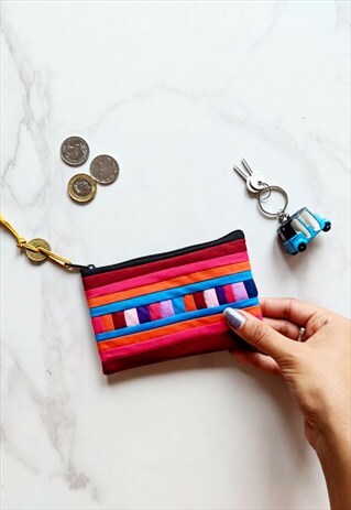 MAROON HANDMADE PLEATED CARD HOLDER WALLET COIN PURSE CHARM