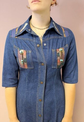 80'S VINTAGE AZTEC STYLE WESTERN DENIM DRESS