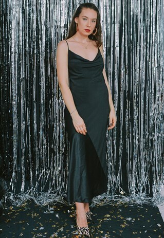 BLACK SLIP DRESS NIGHTGOWN MAXI VINTAGE SLEEPING BACKLESS L
