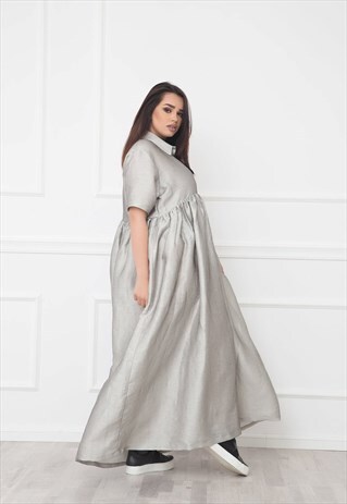 SILVER LINEN DRESS WITH COLLAR