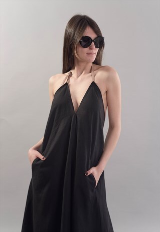BLACK LINEN KAFTAN/MAXI BLACK DRESS/FLOOR LENGTH /F1797
