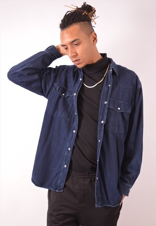 MENS VINTAGE DENIM SHIRT MEDIUM NAVY BLUE 90S