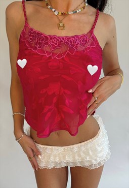 00s Terry Russo Hot Pink Mesh Floral Embroidered Cami Top