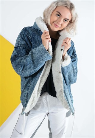 VINTAGE HOODED DENIM JACKET WITH SHEARLING LINING