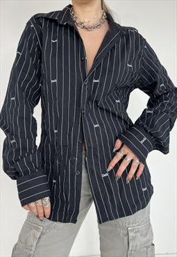 Vintage Y2k D&G 90S Shirt Button Up Pinstriped Smart Navy