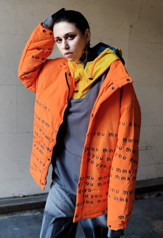LOOSE FIT OVERSIZE LETTER PRINT QUILTED BOMBER PUFFER ORANGE