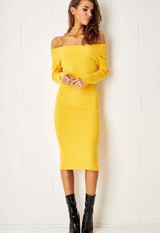SAVANNAH YELLOW BARDOT LONG SLEEVE MIDI DRESS