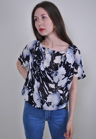 FLORAL PATTERN SHORT SLEEVE PULLOVER BLOUSE, SIZE S