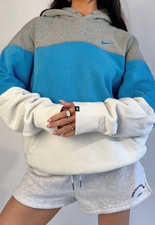 90S NIKE THE ATHLETIC DEPT GREY, BLUE & WHITE STRIPE HOODIE