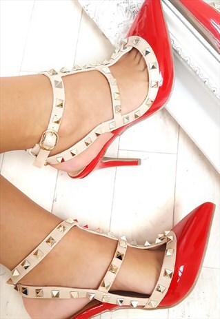 RED MULTI STRAP T-BAR STUDDED COURT HEELS