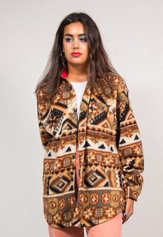 90'S VINTAGE BROWN AZTEC PATTERN FLEECE SHIRT