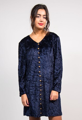 VINTAGE 90'S BLUE CRUSHED VELVET LONG SLEEVE DRESS