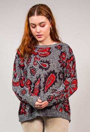 VINTAGE 90'S GREY PAISLEY PATTERN OVERSIZED KNIT JUMPER