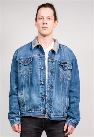 90'S VINTAGE BLUE WRANGLER FAUX SHERLING LINED DENIM JACKET