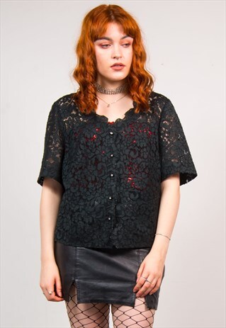 VINTAGE 90'S BLACK LACE MESH SHORT SLEEVE BLOUSE SHIRT