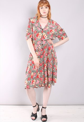 VINTAGE 80S FLORAL PUFF SLEEVE BUTTON MIDI DRESS