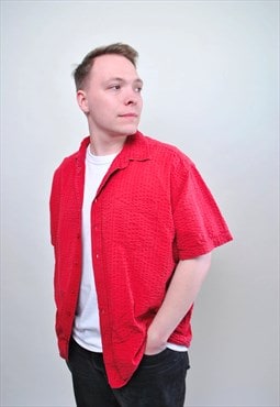 Ribbed red shirt, oversized summer button down, vintage 80s 