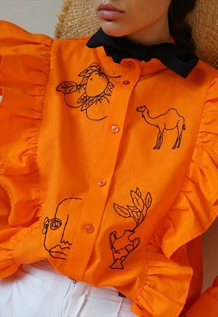 HAND EMBROIDERED ORANGE COWBOY SHIRT WITH RUFFLES
