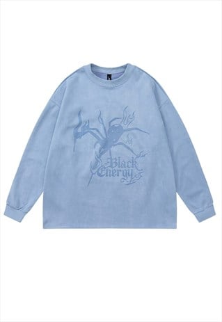 SPIDER SWEATSHIRT VELVET FEEL THIN JUMPER SKATER TOP IN BLUE